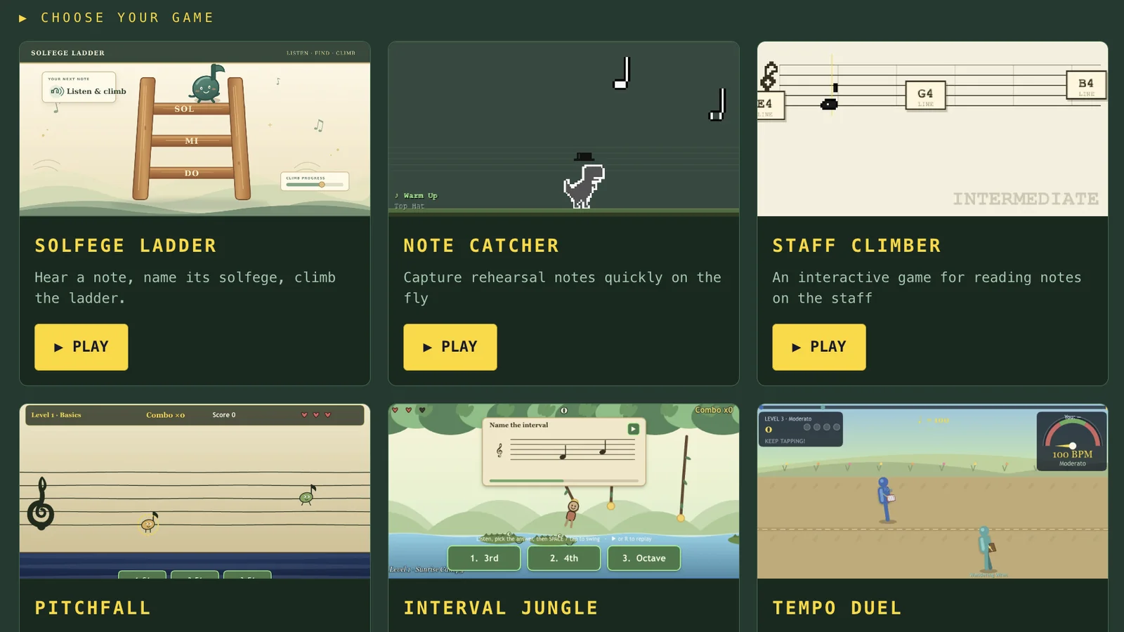 Pitchfall note-reading game with cartoon note creatures on a treble staff and answer buttons for G4, E4, and F4