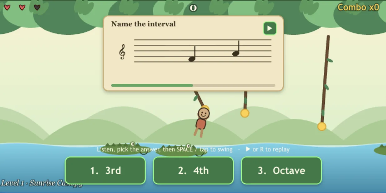 Interval Jungle ear training game where students name intervals to swing from vine to vine through the canopy