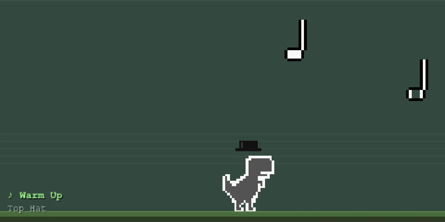Note Catcher game with a pixel-art dinosaur catching falling music notes on a chalkboard