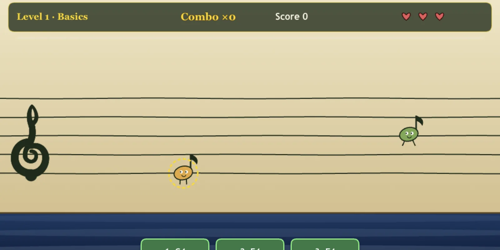Pitchfall note-reading game with cartoon note creatures on a treble staff and answer buttons for G4, E4, and F4