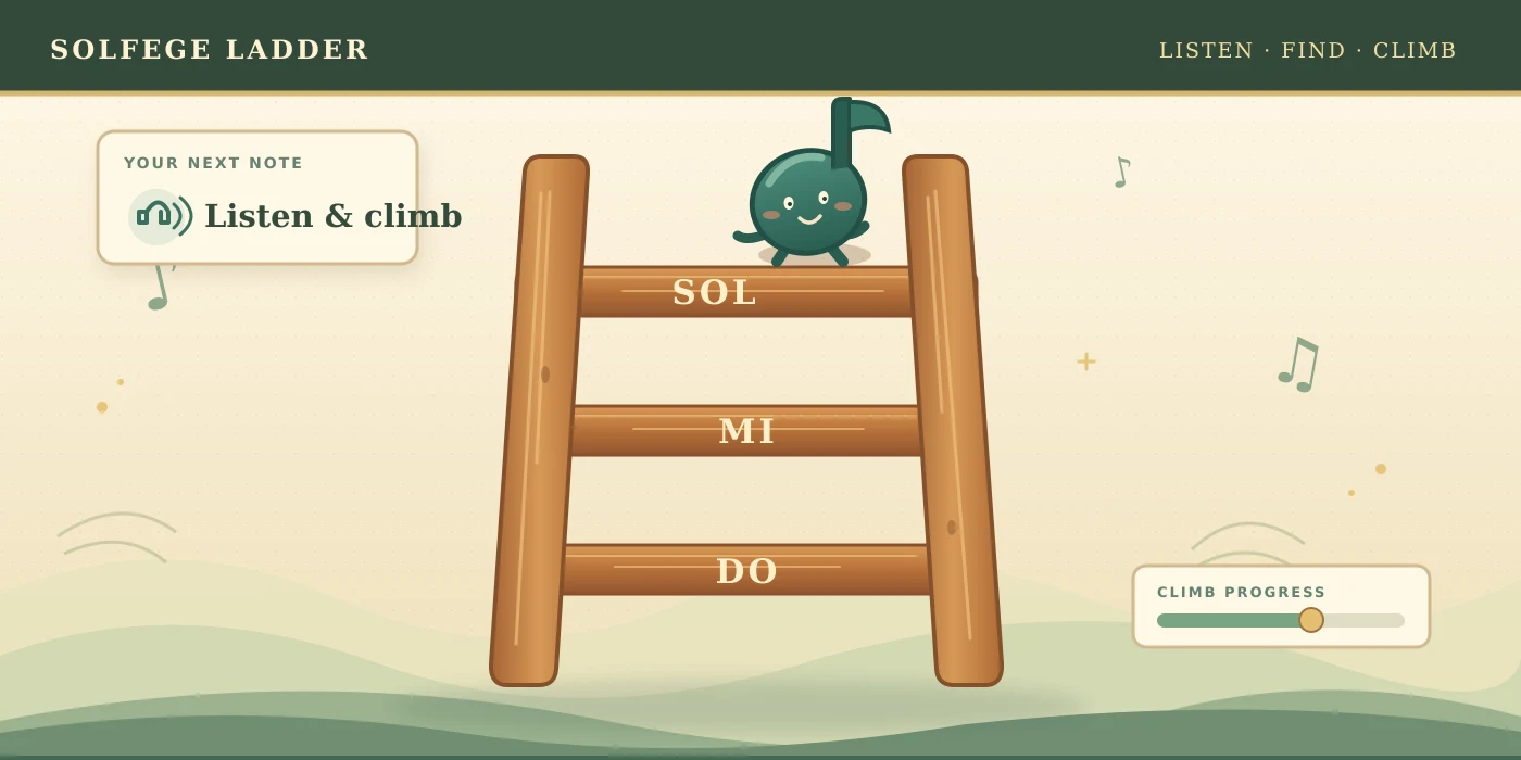 Solfege Ladder game illustration with a smiling music note standing on the sol rung of a wooden ladder labeled do, mi, and sol