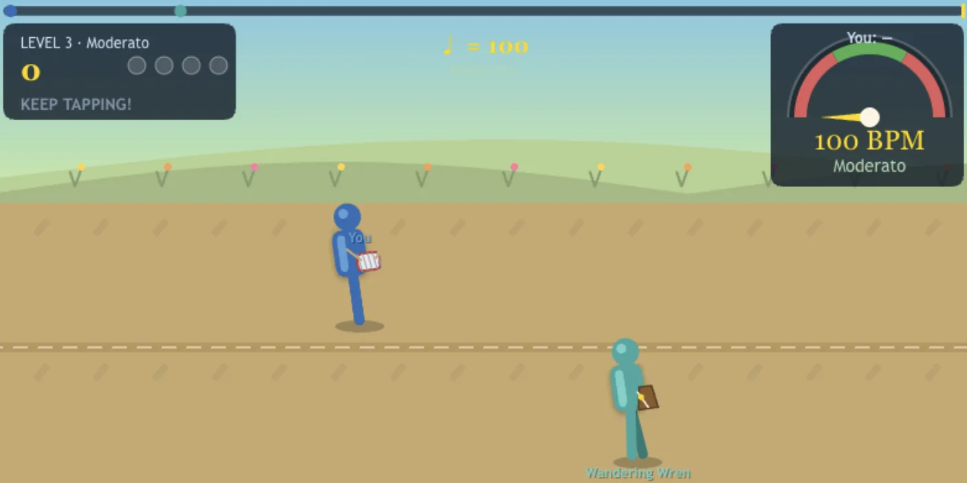 Tempo Duel game where a drummer races a rival down a track by tapping a steady beat to match the target BPM