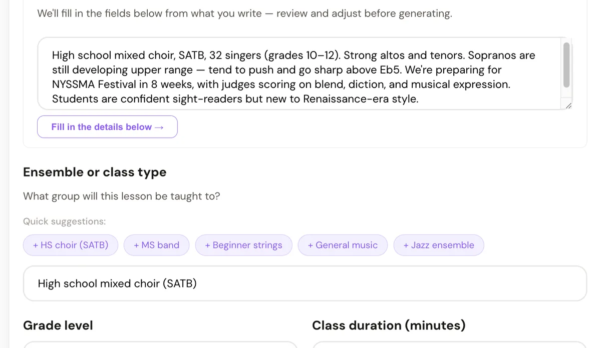Lesson plan generator input where a teacher describes a high school SATB choir preparing for NYSSMA festival in their own words