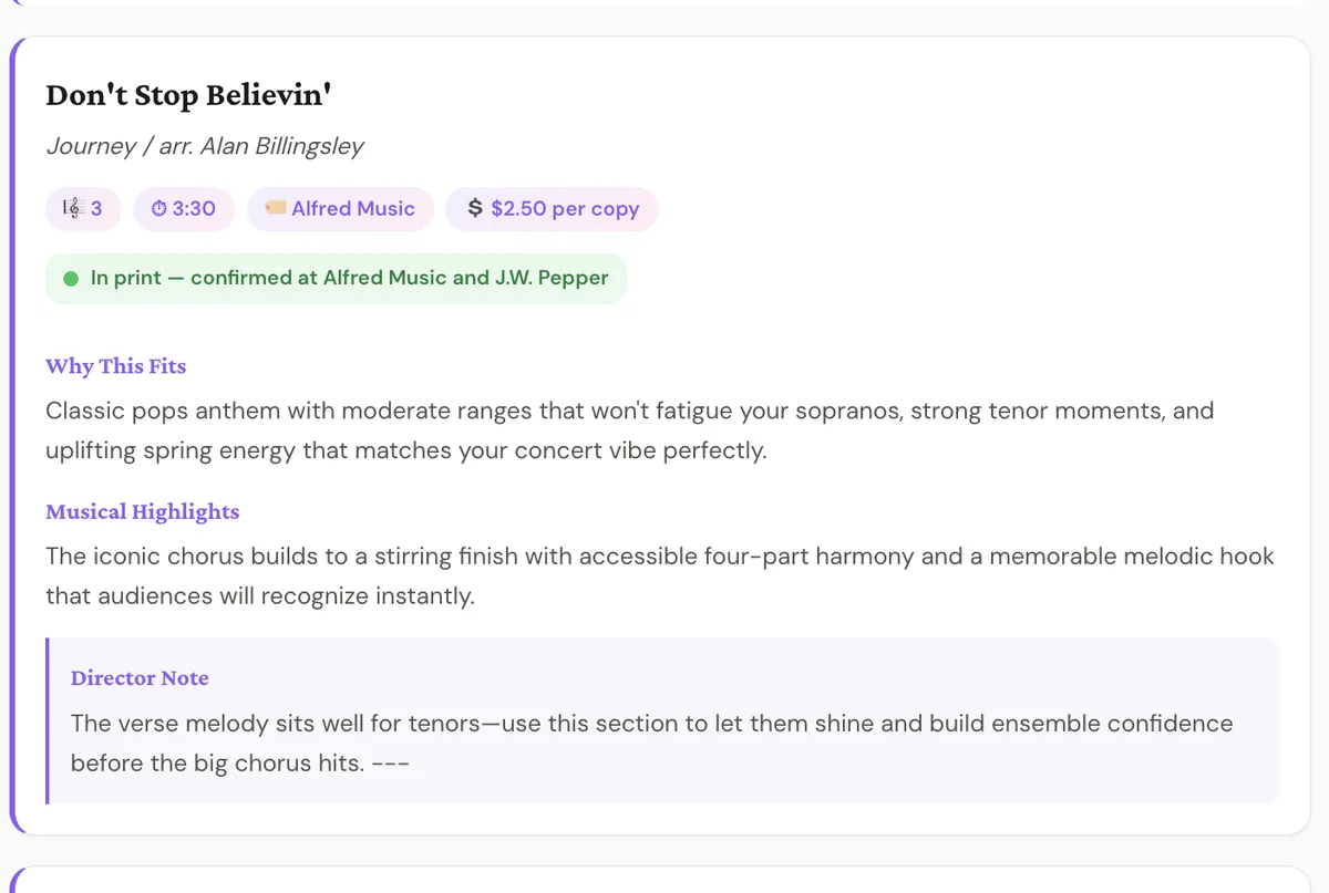 AI repertoire recommendation for a concert choir with grade level, price per copy, in-print status, and director notes