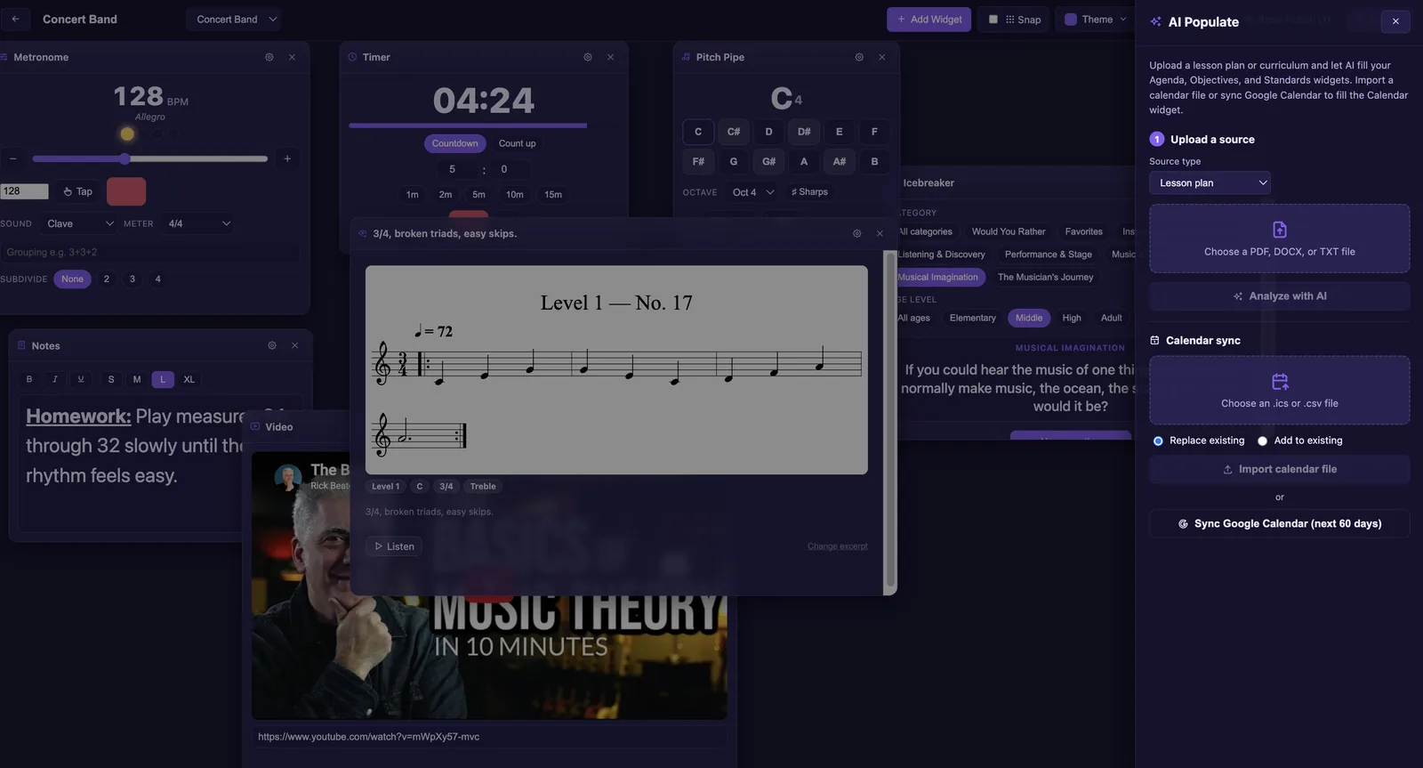 The Podium board builder in dark mode with metronome, timer, pitch pipe, icebreaker, sight-reading excerpt, and the AI Populate panel open