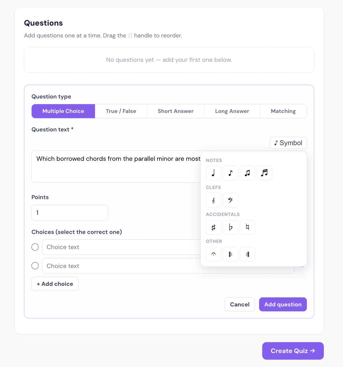 Music quiz builder with multiple choice, true/false, matching question types and a music symbol picker for notes, clefs, and accidentals