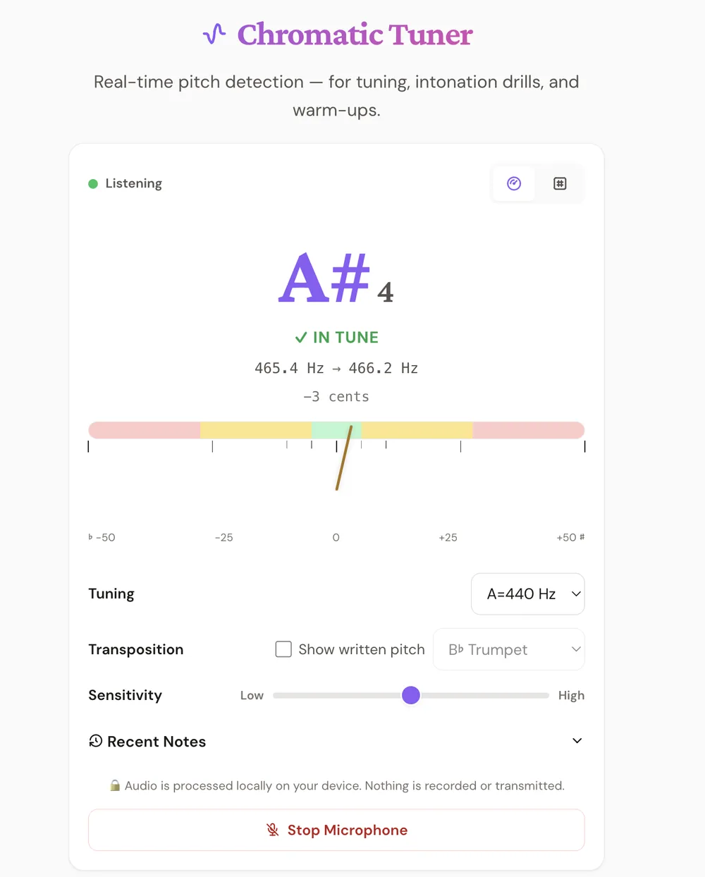 Free chromatic tuner for musicians showing A sharp 4 in tune within 3 cents, with tuning and transposition settings