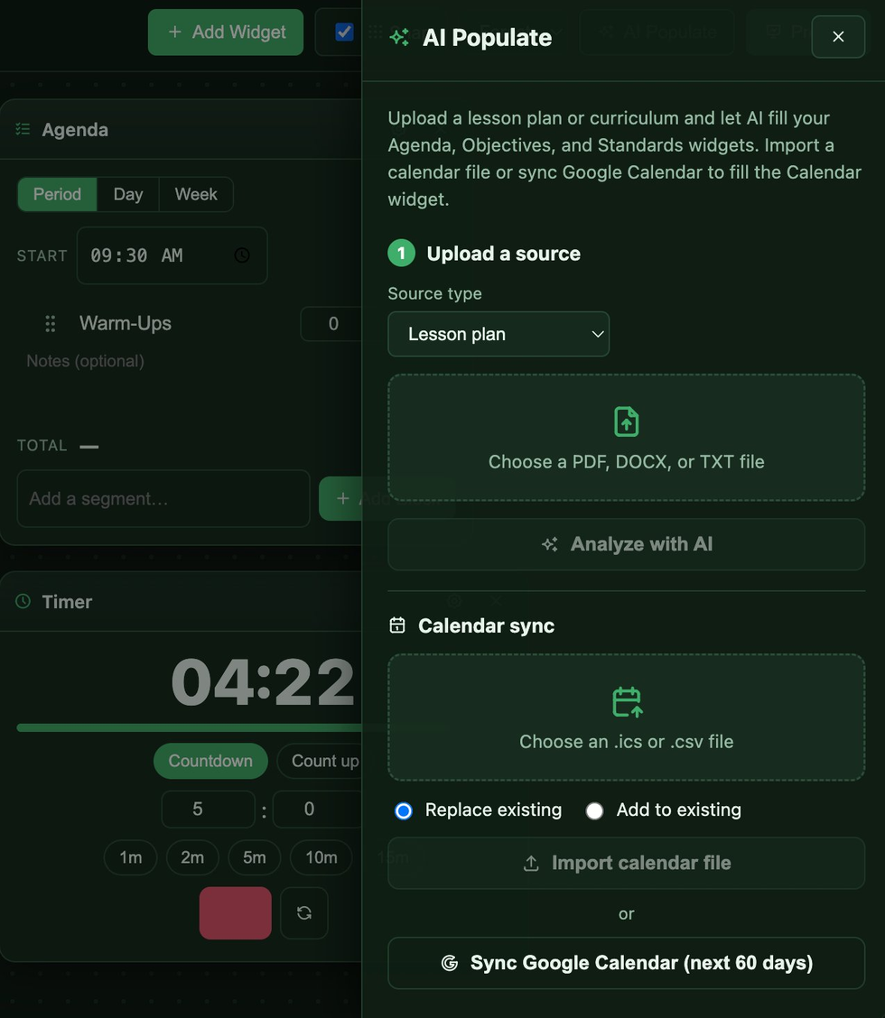 The Podium AI Populate panel for filling agenda, objectives, and standards from a lesson plan and syncing Google Calendar