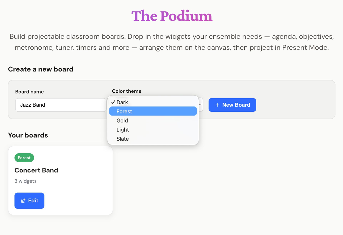 The Podium dashboard for creating a new music classroom board and choosing a color theme