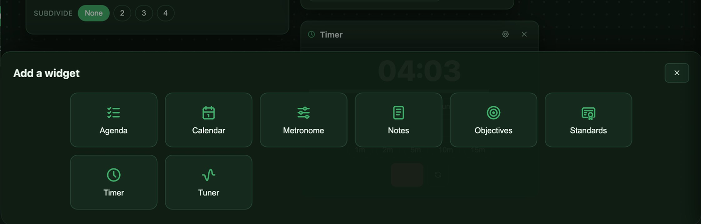 The Podium add a widget tray showing agenda, calendar, metronome, notes, objectives, standards, timer, and tuner