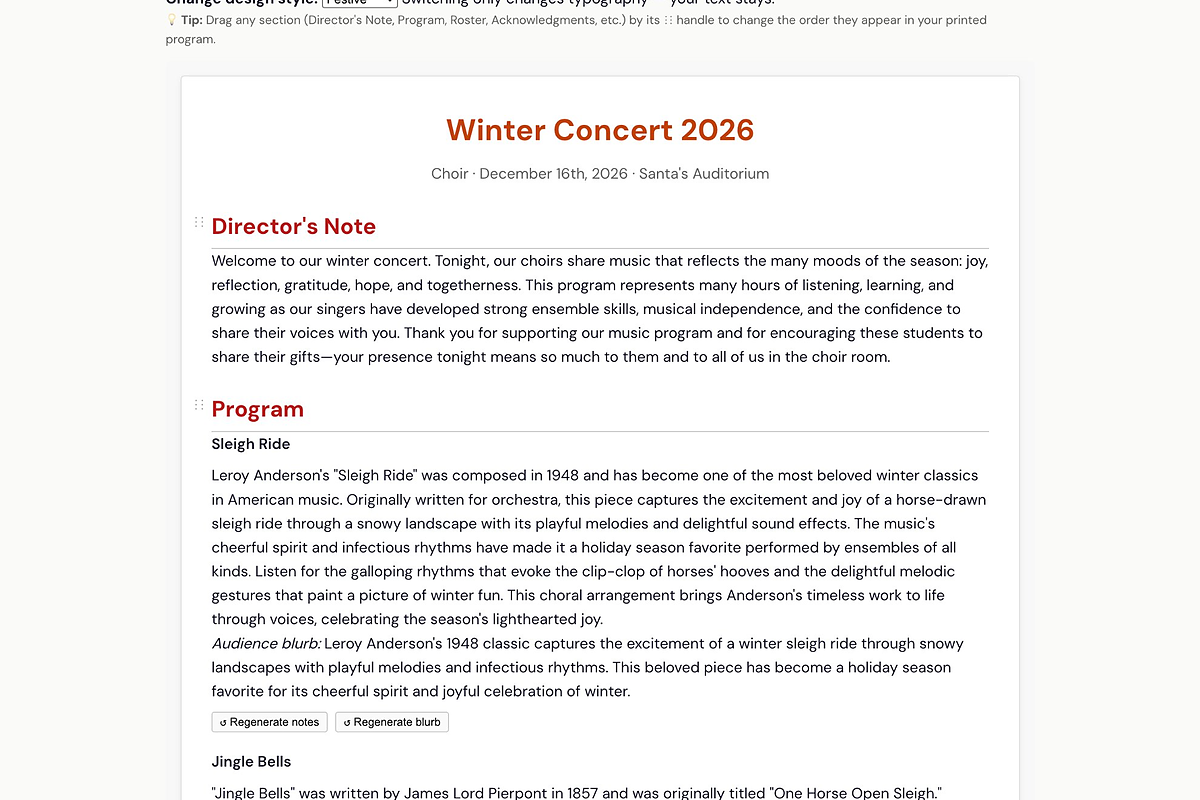 Sample Concert Program Builder output