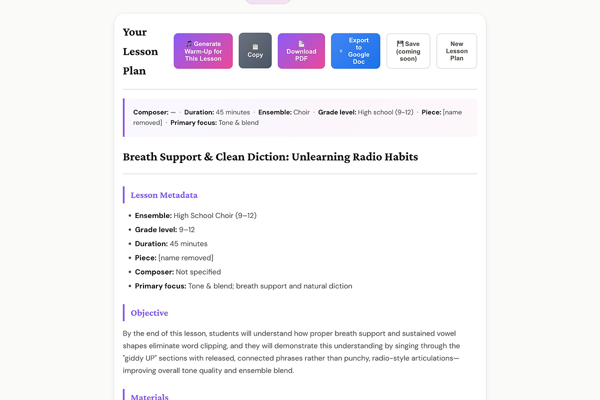 Sample Lesson Plan Generator output