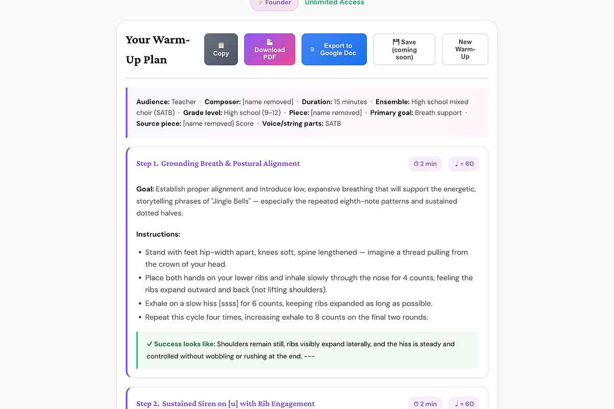 Sample Warm-Up Builder output